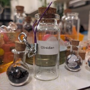 Tiny Spell Jars Handmade Red Jasper Heart Obsidian Clear Crystal Quartz